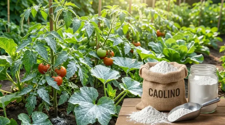 Piante di pomodoro nell’orto con foglie trattate con caolino e sacco di polvere naturale sul tavolo