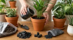 Persona aggiunge carbone attivo in un vaso con pianta da interno su un tavolo con terriccio e attrezzi