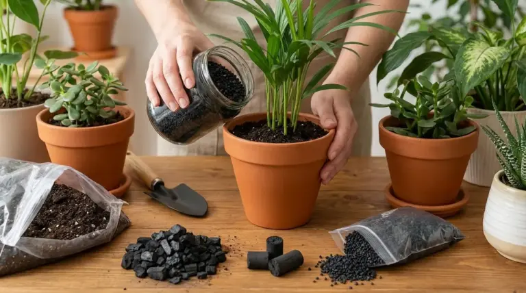 Persona aggiunge carbone attivo in un vaso con pianta da interno su un tavolo con terriccio e attrezzi