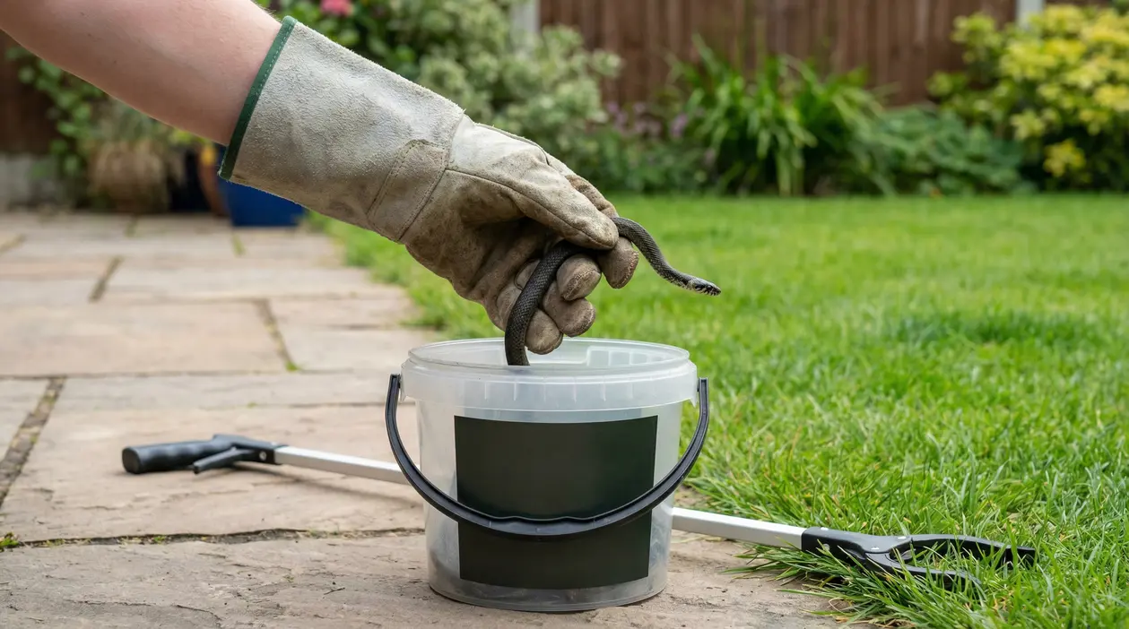 Mano con guanto da giardinaggio che mette un serpente in un secchio, con pinza prendiserpenti appoggiata sul prato
