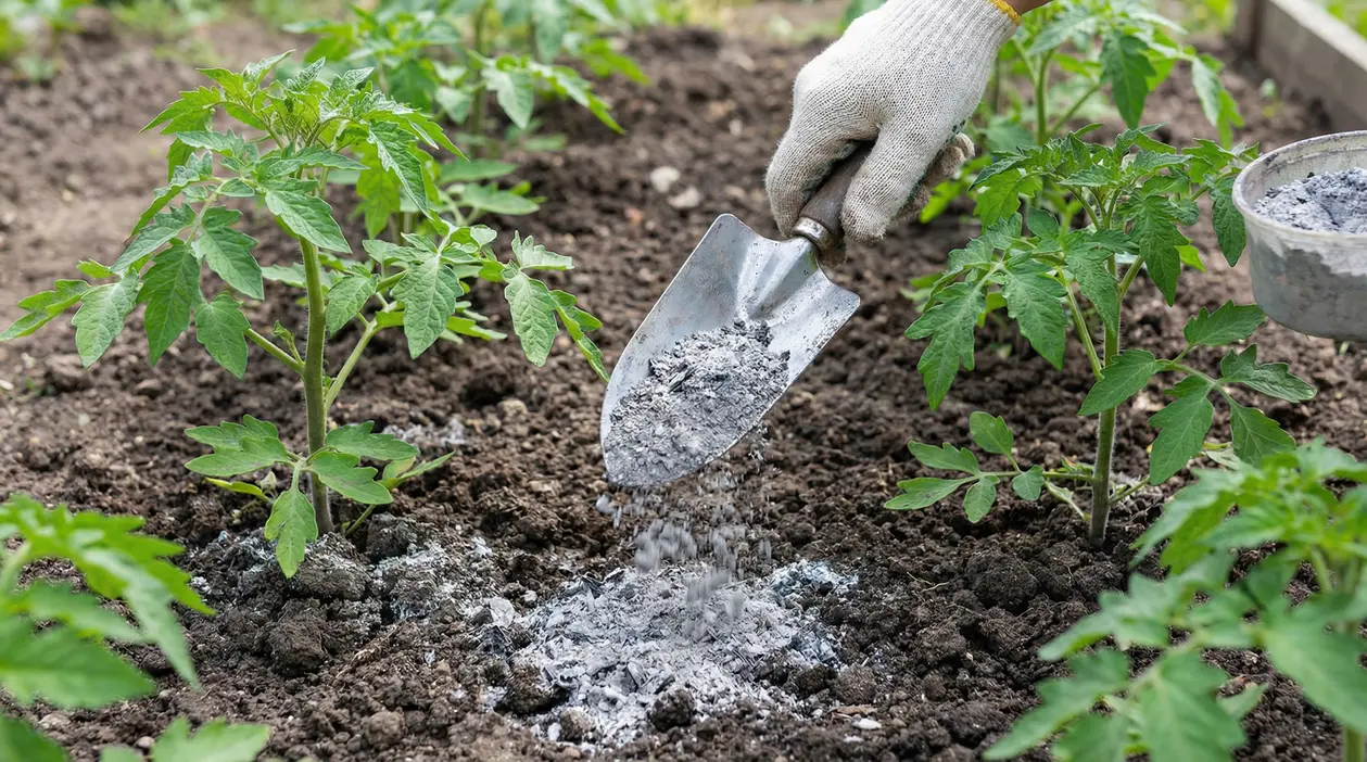 Mano con paletta che sparge cenere sul terreno tra giovani piante di pomodoro nell'orto