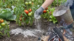 Persona che sparge cenere alla base di piante di pomodoro in un orto