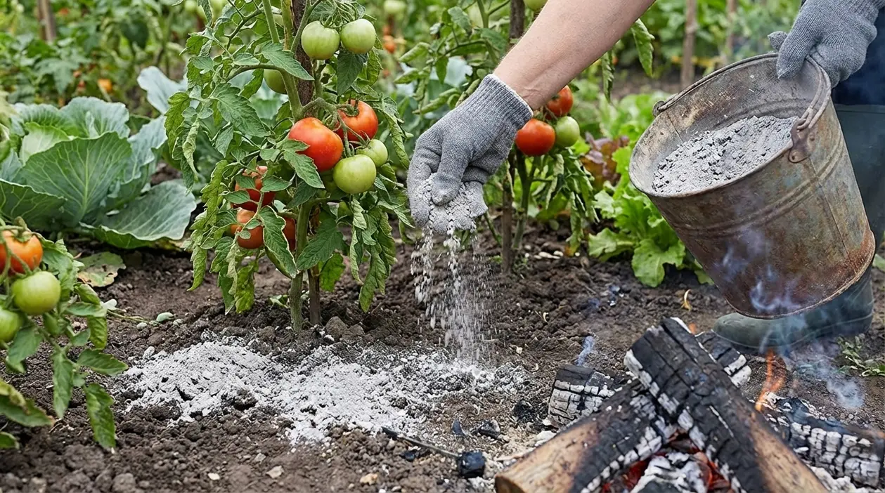 Persona che sparge cenere alla base di piante di pomodoro in un orto