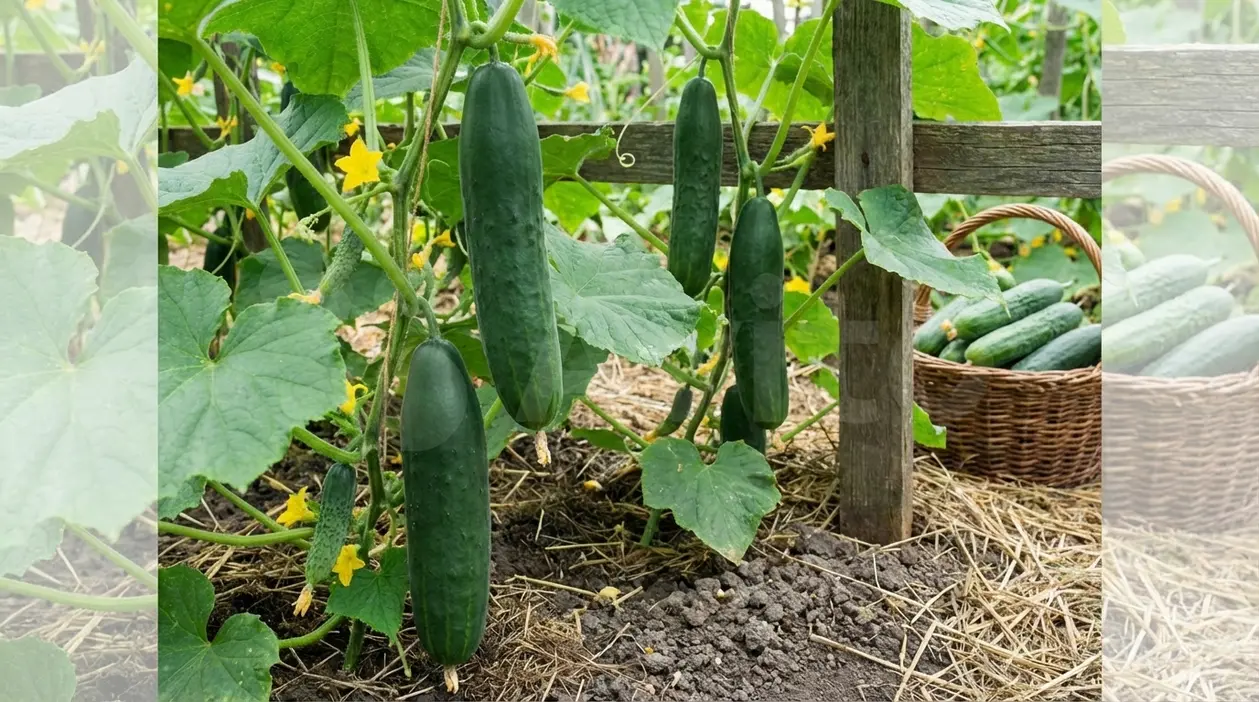 Cetrioli maturi che crescono sulla pianta nell’orto, accanto a un cestino con il raccolto