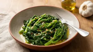 Piatto di cime di rapa saltate con aglio, peperoncino e olio extravergine d’oliva su tavolo di legno