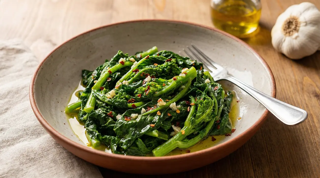 Piatto di cime di rapa saltate con aglio, peperoncino e olio extravergine d’oliva su tavolo di legno