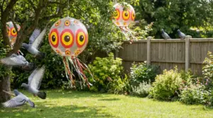 Piccioni in volo in giardino vicino a dissuasori colorati a forma di pallone appesi agli alberi