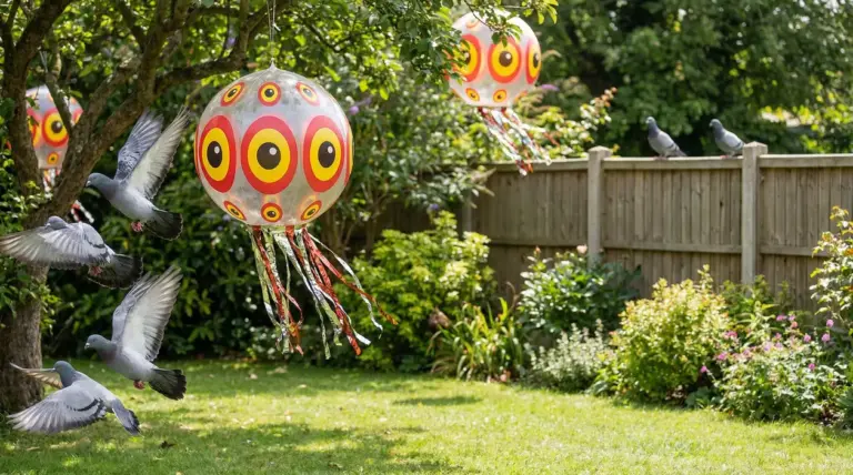 Piccioni in volo in giardino vicino a dissuasori colorati a forma di pallone appesi agli alberi