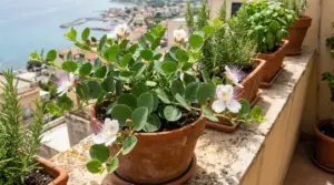 Pianta di capperi in vaso di terracotta con fiori bianchi e viola su un balcone affacciato sul mare