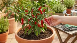 Pianta di peperoncino in vaso con frutti rossi e verdi, una mano raccoglie un peperoncino sul balcone
