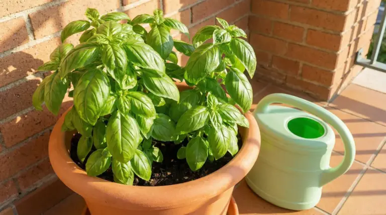 Pianta di basilico rigogliosa in vaso di terracotta su balcone, con annaffiatoio accanto