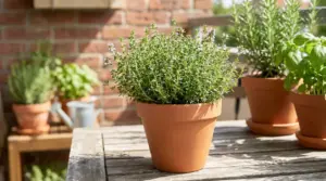 Pianta di timo in vaso su un tavolo da esterno, con altre erbe aromatiche sullo sfondo