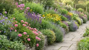Bordura fiorita lungo un vialetto in pietra con piante perenni e fiori colorati abbinati tra loro