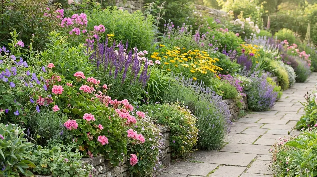 Bordura fiorita lungo un vialetto in pietra con piante perenni e fiori colorati abbinati tra loro