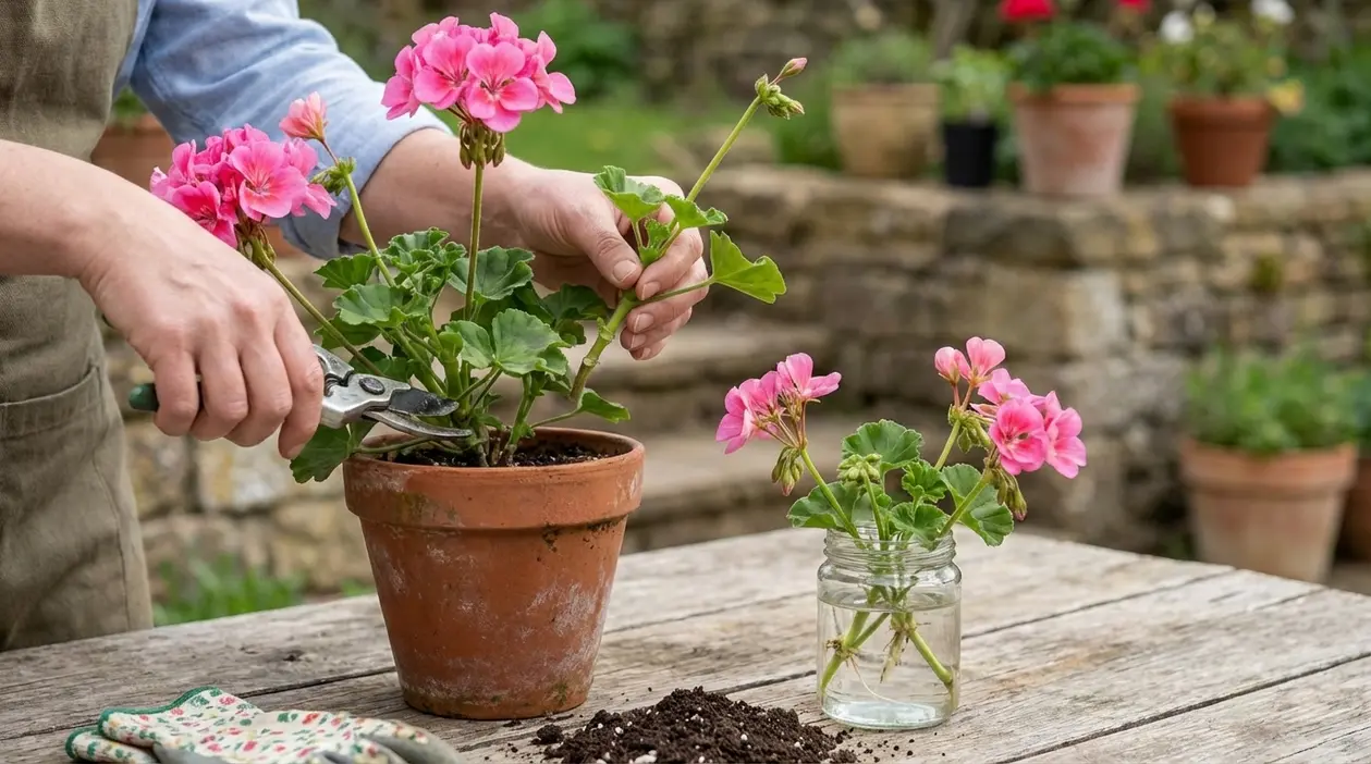 Persona che pota un geranio rosa in vaso e prepara talee in acqua su un tavolo da giardino