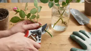 Mani che tagliano uno stelo di rosa per fare una talea, con vaso, terriccio e rametti in acqua sul tavolo