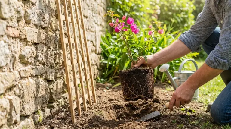 Persona che pianta una rampicante vicino a un muro con graticcio di supporto in giardino