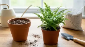 Vaso con felce in terriccio e attrezzi da giardinaggio su un tavolo, per prevenire la muffa nel terreno