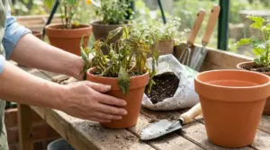 Mani che rinvasano una pianta appassita in vaso di terracotta su un banco da giardinaggio con terriccio e attrezzi