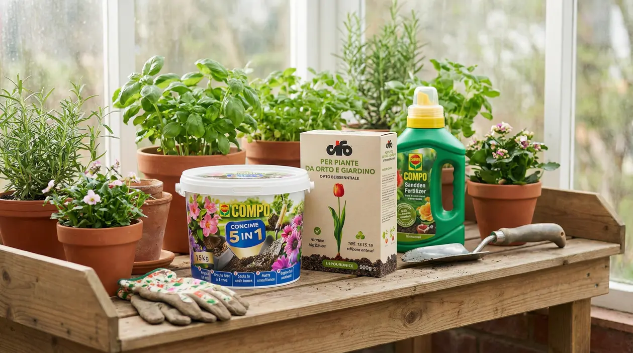 Piante aromatiche e fiorite in vaso con diversi concimi e attrezzi da giardinaggio su un banco in serra