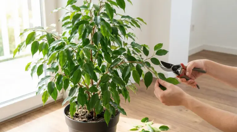 Potatura di un ficus benjamin in vaso con forbici da giardino vicino a una finestra luminosa