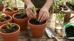 Mani che piantano una talea in un vaso di terracotta con terriccio, su tavolo da giardinaggio