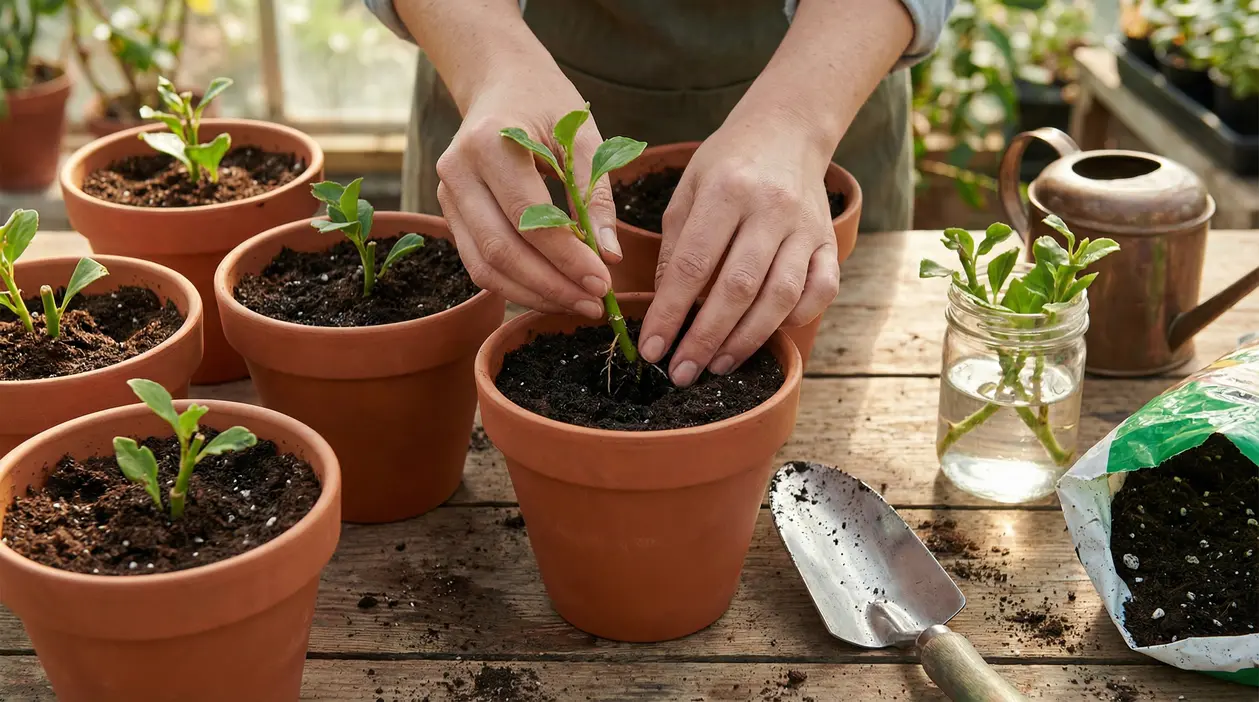 Mani che piantano una talea in un vaso di terracotta con terriccio, su tavolo da giardinaggio