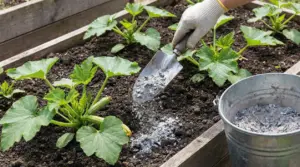 Mano con paletta sparge cenere nell’orto rialzato tra piante di zucchine in crescita