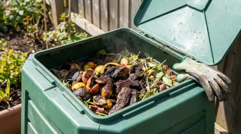 Compostiera aperta con scarti di cucina e materiale umido in giardino, possibile causa di cattivo odore