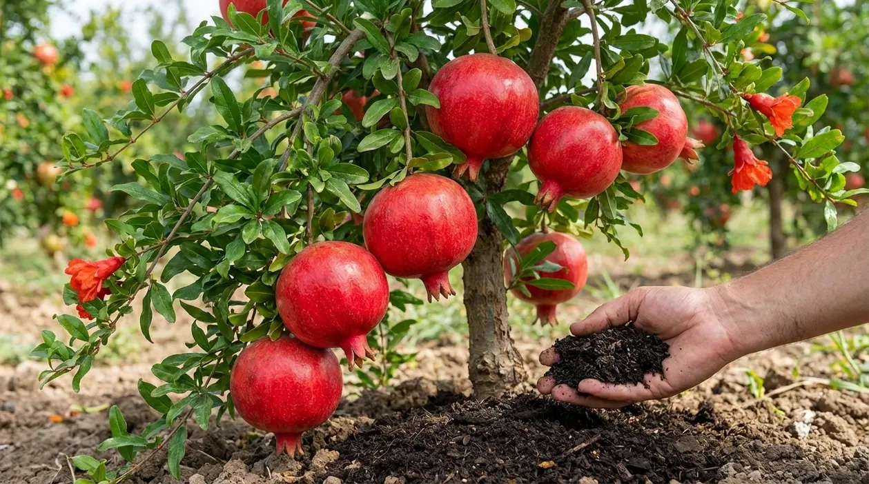 Mano che distribuisce concime alla base di un melograno carico di frutti rossi in giardino