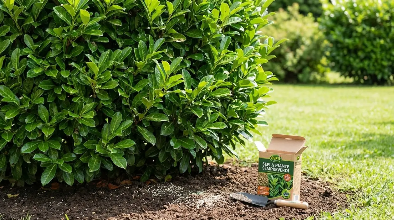 Siepe sempreverde con concime granulare distribuito alla base in giardino