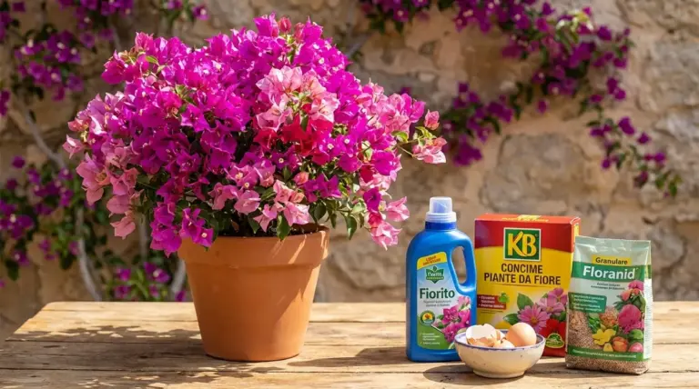 Bouganville in vaso con abbondanti fiori rosa accanto a concimi per piante da fiore su un tavolo all'aperto