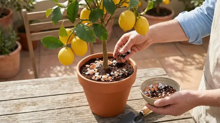 Persona che aggiunge gusci d’uovo al terriccio di un limone in vaso con frutti maturi su un tavolo da esterno