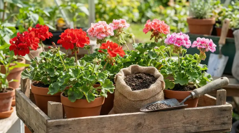 Vasi di gerani rossi e rosa in una cassetta di legno con sacco di concime naturale e paletta da giardinaggio
