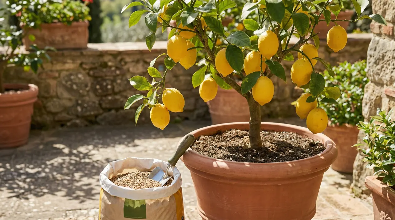 Albero di limone in vaso con frutti maturi accanto a concime granulare in giardino