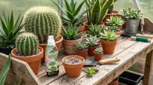Piante grasse e cactus in vaso con concime liquido su un banco da giardinaggio in serra