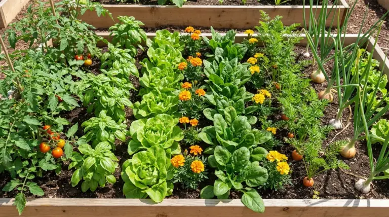 Aiuola rialzata con pomodori, basilico, lattughe, spinaci, carote, cipolle e fiori utili per consociazioni nell’orto