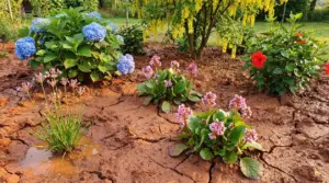 Aiuola con ortensie e fiori in terreno argilloso e compatto, con crepe e ristagni d’acqua dopo la pioggia