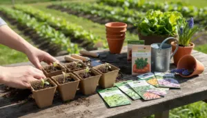 Mani mentre sistemano piantine in vasetti biodegradabili su un tavolo da orto con bustine di semi e attrezzi