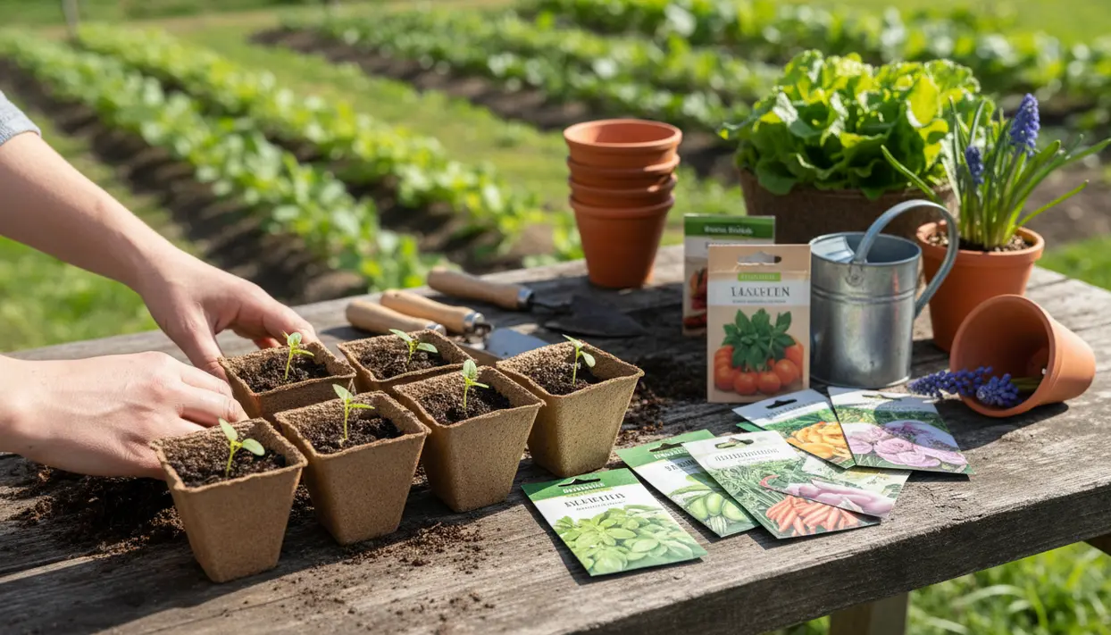Mani mentre sistemano piantine in vasetti biodegradabili su un tavolo da orto con bustine di semi e attrezzi