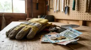 Guanti da giardinaggio, cesoie e banconote in euro su un banco da lavoro con attrezzi appesi