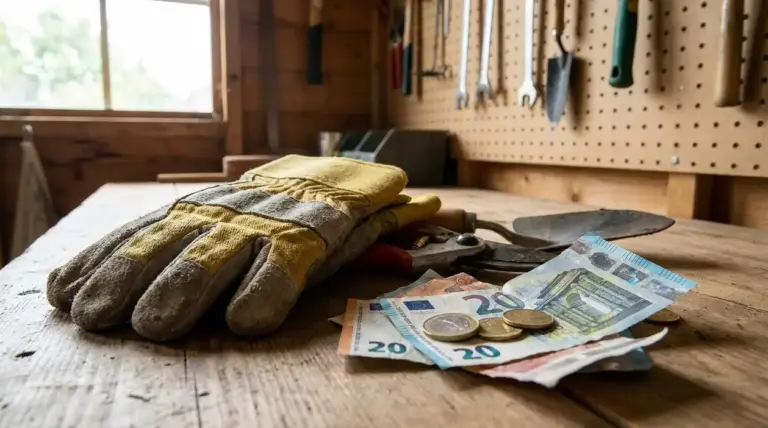 Guanti da giardinaggio, cesoie e banconote in euro su un banco da lavoro con attrezzi appesi