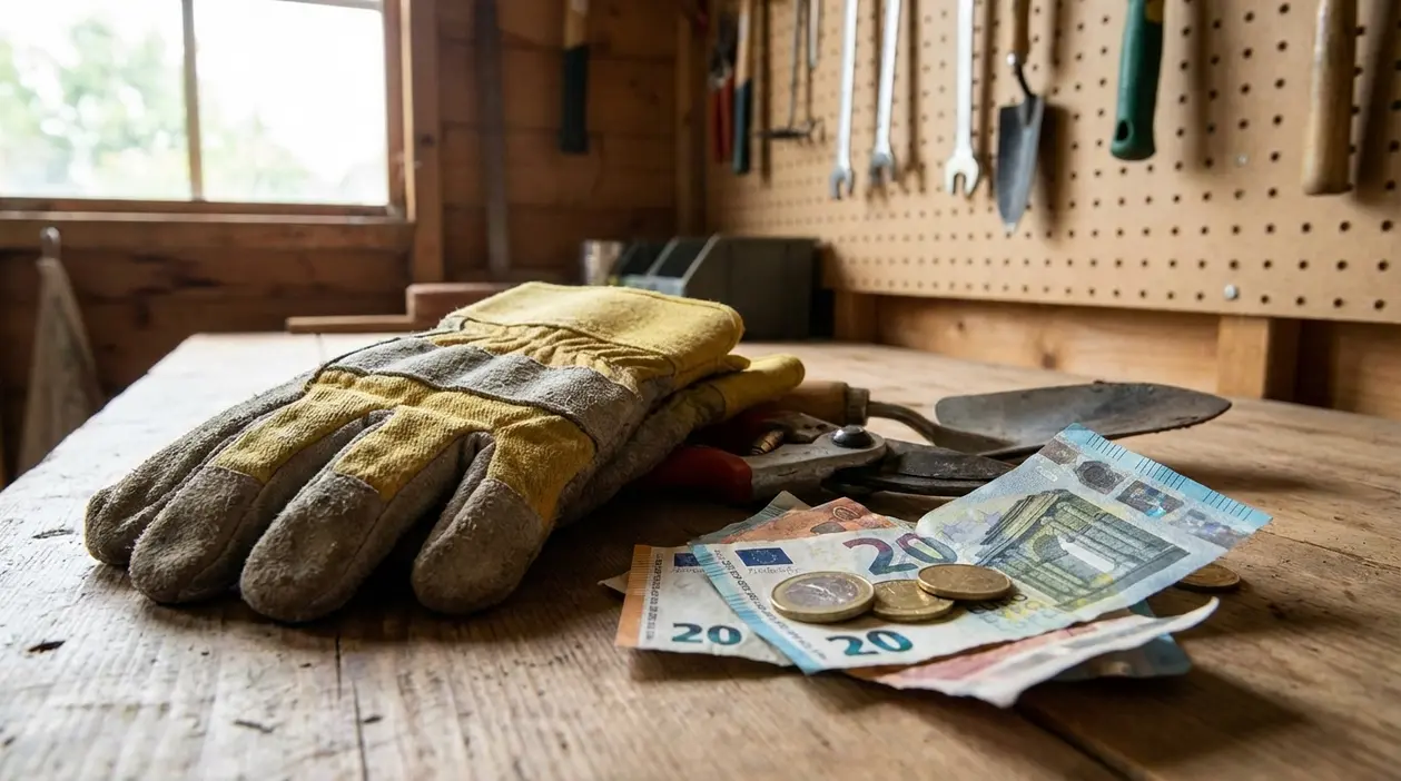 Guanti da giardinaggio, cesoie e banconote in euro su un banco da lavoro con attrezzi appesi