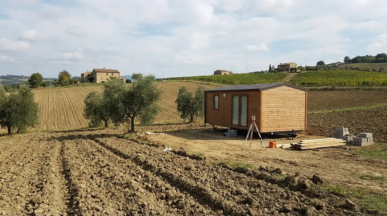 Prefabbricato in legno su terreno agricolo con campi coltivati e rilievi per possibile costruzione