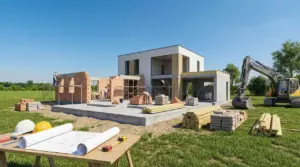 Cantiere di una villetta moderna in costruzione con materiali edili, operai, escavatore e planimetrie