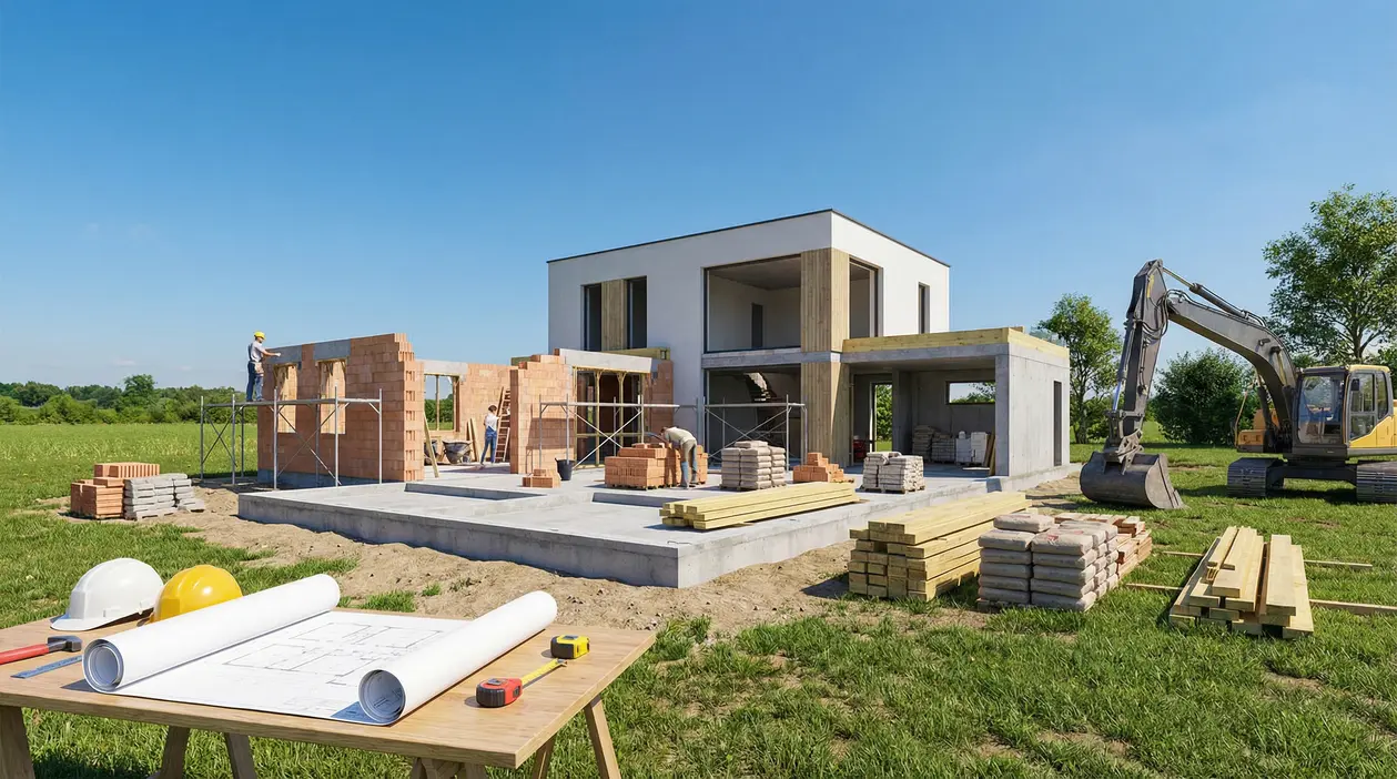 Cantiere di una villetta moderna in costruzione con materiali edili, operai, escavatore e planimetrie