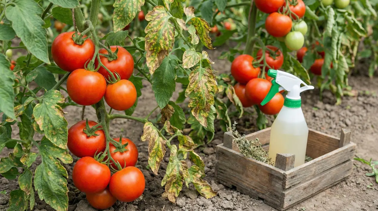Piante di pomodoro con foglie macchiate e bottiglia spray per trattamento naturale contro la peronospora nell’orto
