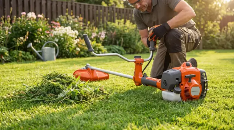 Persona in giardino prepara un decespugliatore a benzina accanto al prato appena tagliato