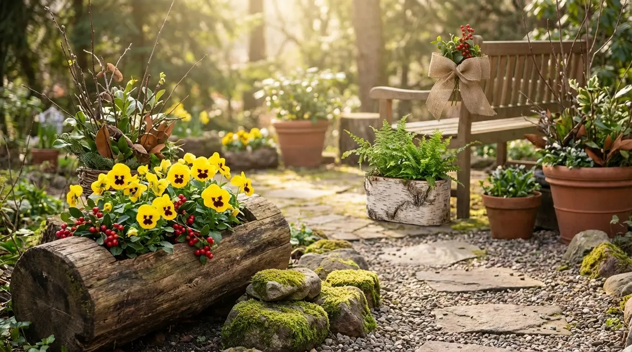 Giardino decorato con fioriere in tronco e corteccia, vasi in terracotta, pietre e piante naturali