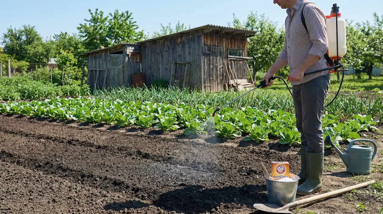 Persona che spruzza una soluzione sul terreno dell’orto prima della semina, con spruzzatore a spalla e attrezzi da giardino